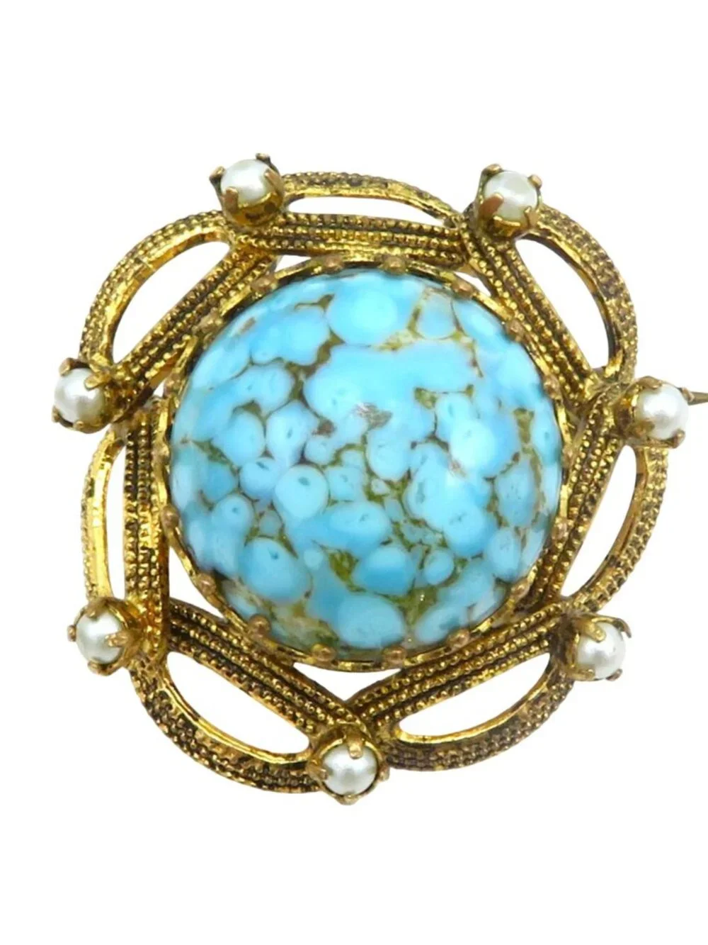 Vintage Austria Faux Pearl & Turquoise Cabochon Filigree Brooch Pin 1950s